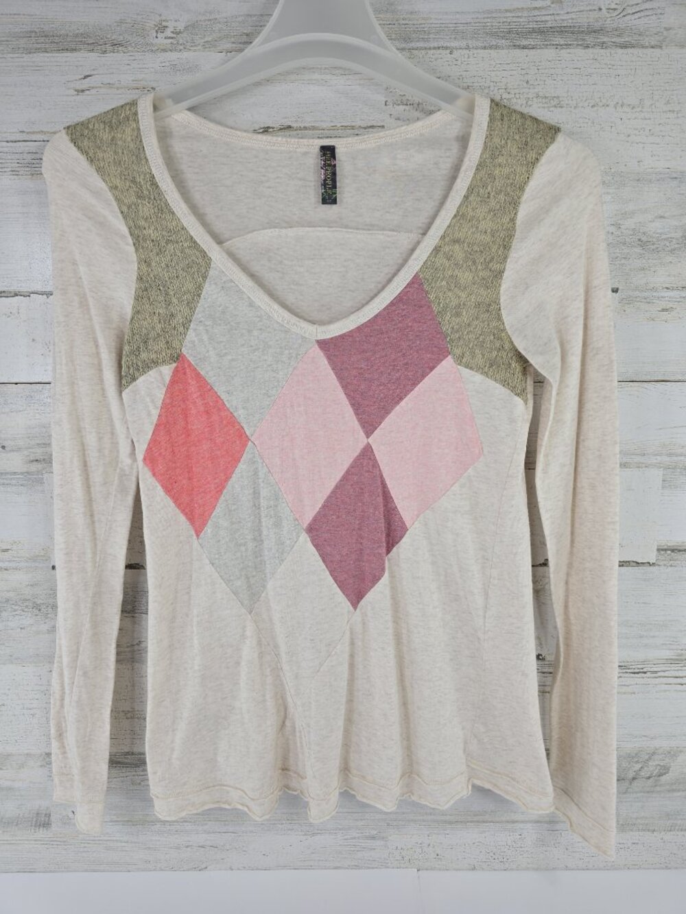 FREE PEOPLE Diamond Argyle Long Sleeve Pullover BEIGE Top WOMEN'S SIZE SMALL VGC